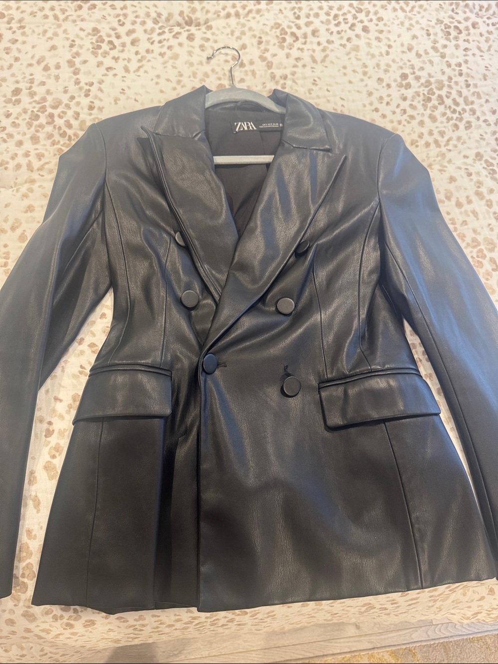 Zara Black Faux Leather Double-Breasted Blazer Jacket